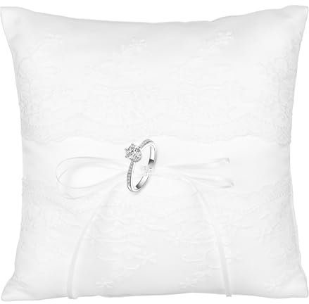Cuscino per fedi nuziali, in pizzo con perle d'avorio, colore bianco, per matrimonio, per anelli di nozze, 20 cm