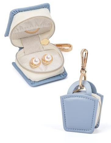 Paquete de 2 cajas organizadoras de joyas de viaje – Estuche de almacenamiento portátil de piel sintética para anillos, aretes y collares con llavero y cierre de cremallera, soporte compacto para
