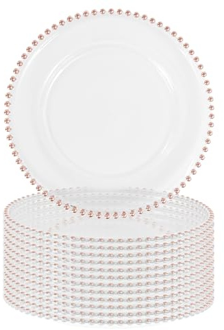FXKS 12 PCS Clear Round Charger Plates with Beaded Rim, 13 Inch Plastic Acrylic Plate, Plastic Round Beaded Dinner Decorative Service Plates for Wedding Party Event, Home Kitchen Tabletop(Pink)