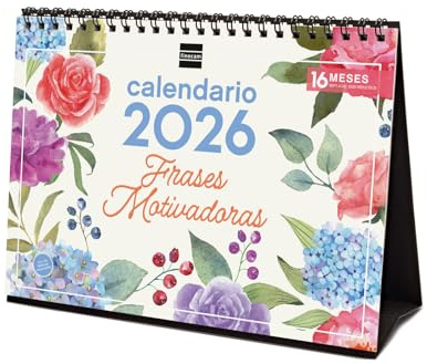 Finocam - Calendrier de bureau 2026 mois vue janvier - décembre 2026 + sept. - Déc. 2025 (4 mois) réduits | Calendrier 2026 | Images phrases motivantes - Espagnol