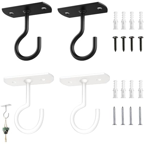 ZNDFTW 2.5 Inch Heavy Duty Ceiling Hooks for Hanging Plants - Pack of 4 (2 Black & 2 White) - Sturdy Wall & Ceiling Mounted Hooks for Wind Chimes, Bird Feeders, Lanterns & Indoor/Outdoor Decor