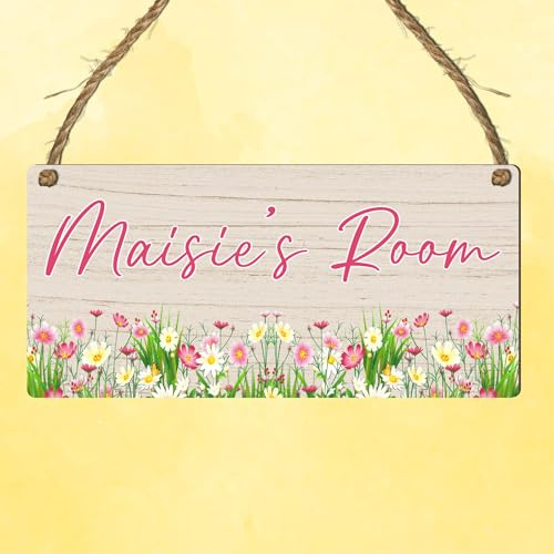 Custom Girls Hanging Room Name Plaque | Personalised Kids Bedroom Sign | Fairies Rainbows Unicorns Princess Mermaid Ballet Bedroom Décor (Flowers)