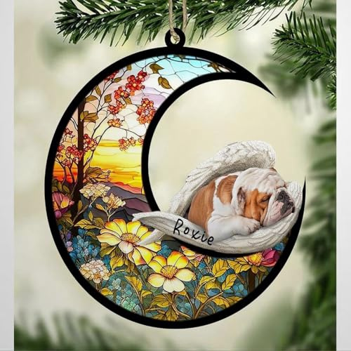 Luckluccy Personalized Bulldog Dog Memorial Suncatcher,Bulldog Christmas Ornament with Name,Pet Loss Catcher,Gifts for Dog Lovers Loss of Dog,Bulldog Sleep on Haven