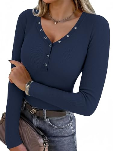 Aottori Tee Shirt Femme Col V Boutons Haut Côtelé Manches Longues Uni | Sensation souple extensible; Manches longues; Col V avec boutons décoratifs; Avec jean jupe ou blazer; Bureau et sorties