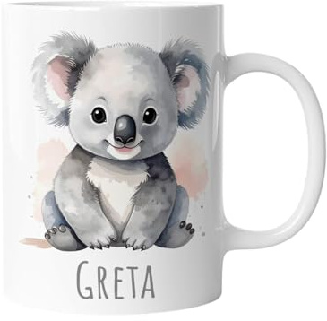 timalo Kindertasse mit Namen | Graues Koala Baby | Personalisierte Keramik Tasse mit Tieren | für Kinder, Jungen & Mädchen – Geschenk, Geburtstagsgeschenk, Namensgeschenke, Kaffeetasse