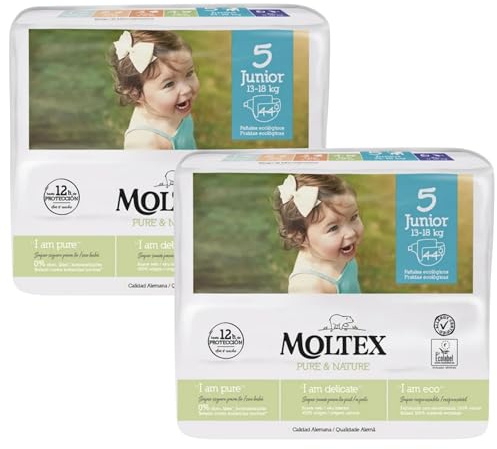 Pañales Infantiles Ecológicos Moltex Pure&Nature. Pañales Desechables. Pañales con Tecnología de Sequedad Instantánea. Hasta 12 Horas Seco. (2 Paquetes, Talla 5)