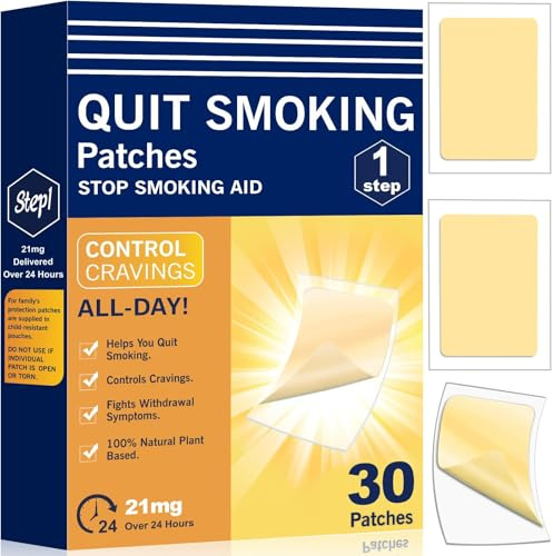 Nicotine Patches 21 mg - Step 1 - Stop Smoking Aids That Work - Easy to Quit Smoking Patch - Each Patch Provides a 24-Hour Nicotine Transdermal System - 30 Count - K4