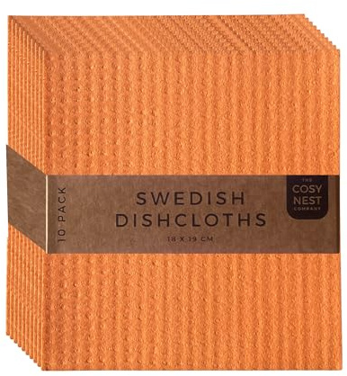 The Cosy Nest Company Swedish Dishcloths 10 Pack Orange Eco Friendly Reusable Cleaning Cloths for Kitchen & Washing Up – Biodegradable Cellulose Sponge Cloths for Dishes, Counters & Surfaces