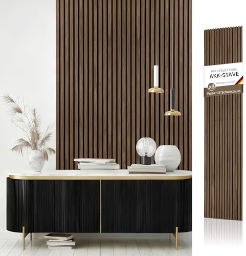 AKK-STAVE Akustikpaneele Holz 240x60 cm (3er-Set 4,32 m²) - Akustik Paneele & Holzpaneele Wand | Holzfurnier 3D Paneele Wand als Wandverkleidung Innen für Wohnzimmer(Schwarznuss)