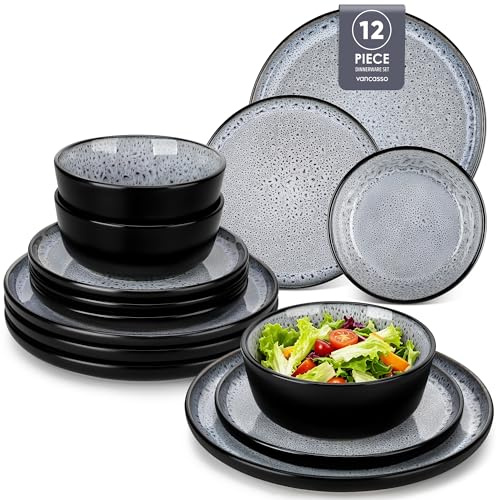 vancasso Bubble 12 Piece Stoneware Dinner Set for 4, Reactive Glaze Plates and Bowls Set, 26cm Dinner Plates, 21cm Side Plates & 840ml Bowls, Grey Ceramic Crockery Set, Microwave & Dishwasher Safe