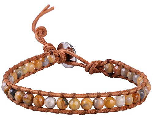 KELITCH Wickeln Armbänder Charms Personalisiert Zum Männer Frau Retro Perlen Naturleder Leder Armband