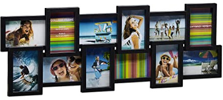 Relaxdays Collage, Bildergalerie, Fotorahmen XL zum Aufhängen, mehrere Fotos, schwarz Bilderrahmen 81 x 30 cm 12 Bilder, Plastik, 10 x 15 cm