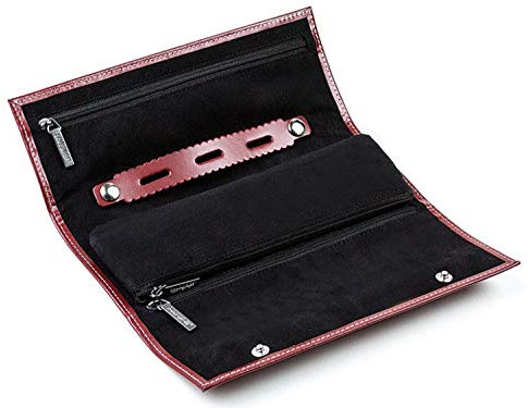 DELMON VARONE - Personalisierbare Schmuckrolle Cambridge Top Grain Leder rot, Reiseorganizer für Schmuck mit Druckknopfverschluss & Velourfutter, Schmucketui mit 3 Reißverschlussfächer & Ringhalter