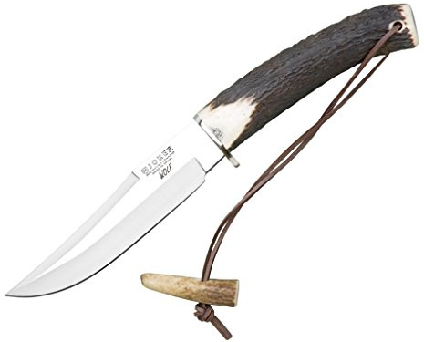 Joker Cuchillo de Monte Luchadera CC72, Mango de Punta de Ciervo, Hoja de 14 cm MOVA, Funda de Cuero marrón, Herramienta de Pesca, Caza, Camping y Senderismo