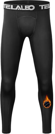 TELALEO Boys Thermal Compression Leggings Pants Youth Fleece Lined Base Layer Tights Cold Weather Heat Gear (Fireball is an AD) Black M