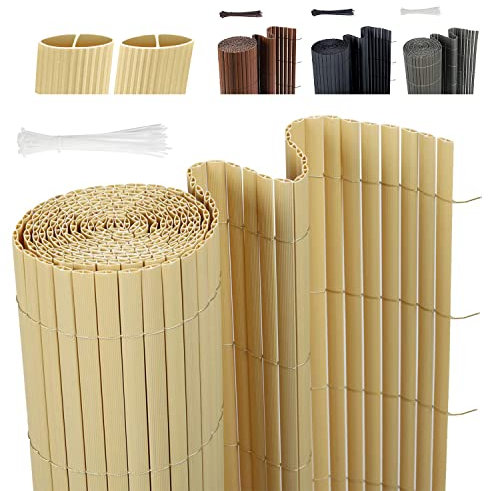 Sekey PVC Sichtschutzmatte Stabiler Sichtschutzzaun mit Kabelbindern, Wetterfest Sichtschutz für Balkon Garten Terrasse, Innen Verstärkte Lamellen, Kratzfest Oberfläche, 90 x 500 cm, Bambus