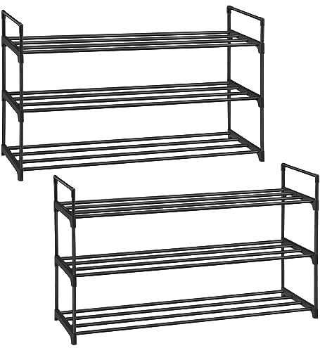 SONGMICS Scarpiera a 3 Ripiani, Set di 2, Scaffale Portascarpe, Organizzatore in Metallo, per 12/15 Paia di Scarpe, Impilabile, Corridoio, Soggiorno, Camera da Letto, 30 x 92 x 54 cm, Nero LSA06BK