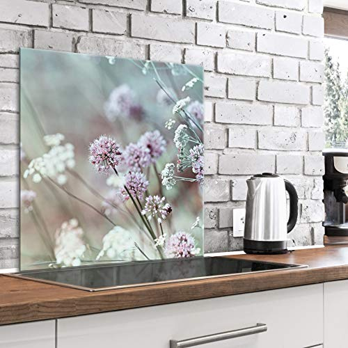 murando Glass Splashback for Kitchen Backsplash Cooker Protector | Tempered Glass Decorative Wall Art Panel Heat Resistant Graphic 60x60 cm / 24x24 Flowers Nature Field Meadow