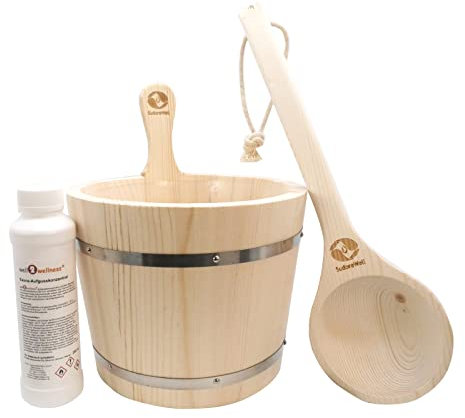SudoreWell® - Set sauna con vaso per sauna piccolo da 2 litri, cazzuola angolare 30 cm e infusore per sauna in eucalipto 250 ml