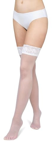 LORES Calze autoreggenti da donna con collant in pizzo a coscia alta Calze sopra il ginocchio in silicone 15 denari, Bianco XS/S