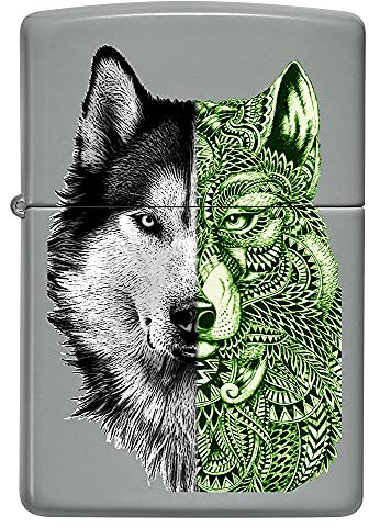 Zippo Briquet Tempête - Modèle Tattoo Wolf avec Color Image - Finition Grise Mate - Rechargeable - Réutilisable - Design Coupe-Vent - Coffret Cadeau - Fabriqué aux États-Unis
