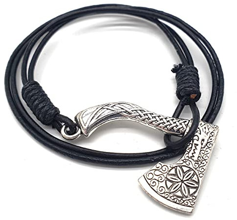 AB Viking Crafts Vikings Wrap Bracelet Collar Leather Pendant Viking Axe Metal in Jewellery Bag, 42 cm, Leather