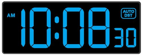 Soobest LED Wall Clock Digital Clock with Seconds, Electric Plug in Large Big Numbers Clock 5 Dimmers Wall Mount for Living Room, Auto DST, 10 Inches (Blue)