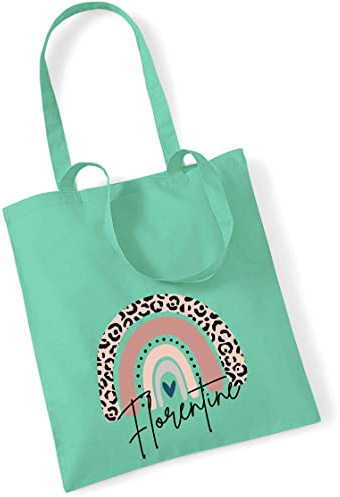 Jutebeutel bedruckt mit Namen & rosa Regenbogen LEO-Print |Stofftasche Baumwolle inkl. Namensaufdruck für Mädchen | Personalisierter Kinderbeutel Tragetasche für Krippe, Kindergarten, Schule