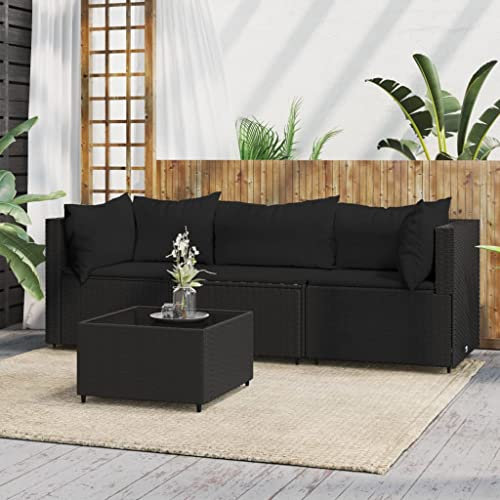 Hommdiy Gartenmöbel Couch-Set Ecksofa 4 TLG. Garten Lounge Set mit Kissen Schwarz Poly Rattan, 3er mit tisch, Garten-Ecksofas-9