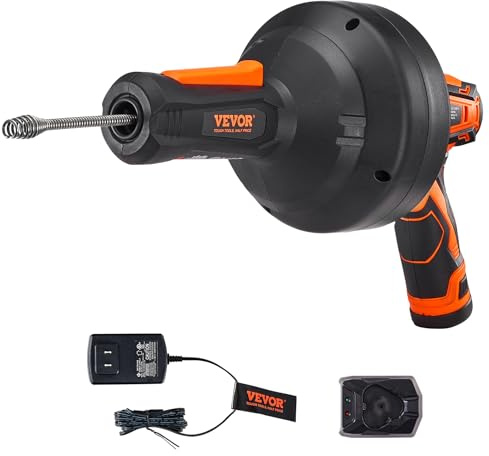 VEVOR 12V Electric Drain Auger, 25FT Cordless Plumbing Snake Auto Feed, Pipeline Snake Drain Clog Remover with Power Drill for 3/4-2 Pipes, 2.0Ah Battery and Charger Included