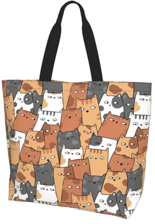 DOFFO Einkaufstasche, Leinentasche, wiederverwendbar, Einkaufstasche, Strandtasche, Schultertasche, Schwarz / Weiß, Orange Cats, Einheitsgröße