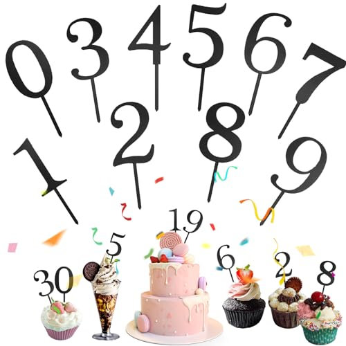 Mezrkuwr 10 Stück Nummer Cake Topper Zahlen 0-9 Geburtstag Tortendeko Kuchenstecker Cupcake, Acrylmaterial Geeignet für Geburtstagsfeiern Jeden Alters (Schwarz)