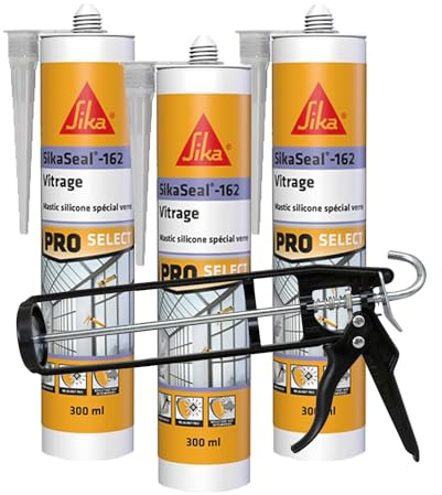 SIKA - Lot de 3x Mastic Silicone - Spécial verre - Intérieur et extérieur - Ne jaunit pas - Transparent - 3x300ml + Pistolet d'application