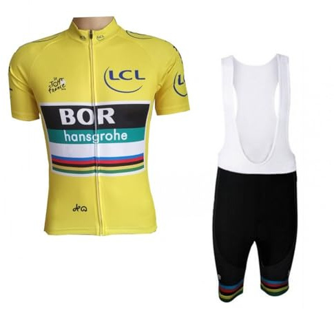 SGCIKER Pro Team BORAHansgrohe France Tour Leader Yellow Radtrikot Set, Kurzarm Fahrrad bekleidung Lätzchen Kurzsets Gel Pad（5XL