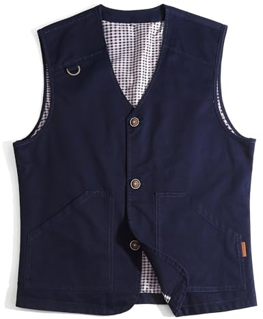 MeiLayM Gilet da All'aperto di cotone da Uomo Leggero Traspirante Multi-Tasche Panciotto Pesca Casual Gilet Caccia Fotografi Campeggio Senza Maniche Blu,S