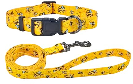 Olahibi Polyester-Hundehalsband, Leine, Halsband und 150 cm passende Leine für mittelgroße Hunde (Größe M, gelbe Biene)