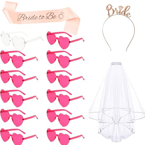 jenich 15 Stück JGA Sonnenbrille Frauen Sonnenbrille Herz JGA Brille Herzform Braut Schleier JGA Braut Schärpe Haarreif JGA Accessoires Junggesellenabschied
