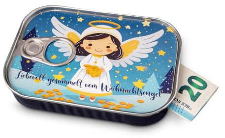 Geldgeschenk Verpackung Weihnachten WEIHNACHTSENGEL Sardinendose Geld Geschenkverpackung oder Geldgutschein Nikolaus, X-Mas, Wichteln | inkl Aufkleber für individuelle Botschaft | made by Schöne Güter