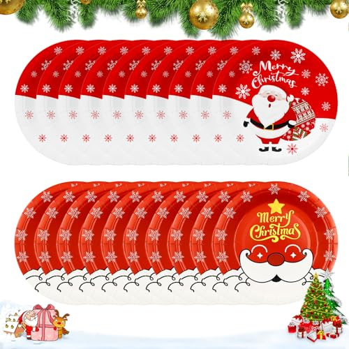 Lot de 20 assiettes en carton pour fête de Noël, assiettes en carton Père Noël, assiettes en carton d'anniversaire, assiettes en carton pour fête d'anniversaire et de Noël (rouge)