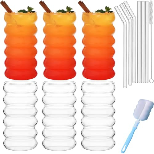 WOPPLXY 6 Stück Eiskaffee Gläser, 450ml Bubble Gläser mit Glasstrohhalme und Strohbürste, Transparent Glaser Geriffelt for Milk, Soda, Cola, Saft, Kaffee, Getränke