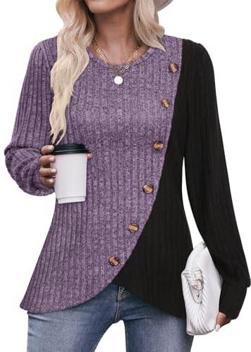 Flikity Ladies Jumpers Size 16 Casual Crew Neck Tops Womens Knitted Tunic Blouses Sweaters to Wear with Leggings Going Out Tops Work Clothes Spring Autumn Winter Clothes Purple L