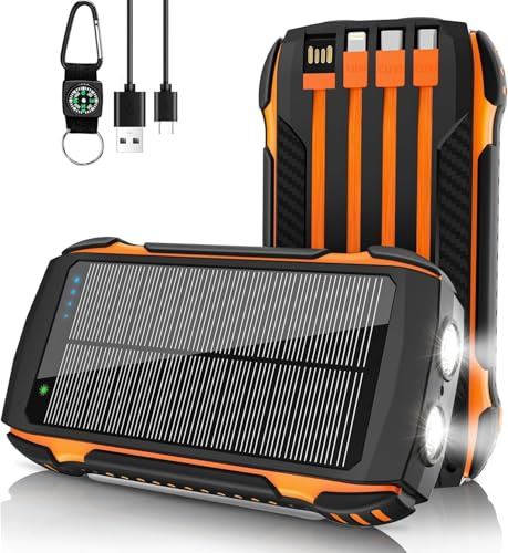 2025 56800mAh 65W Power Bank Battery Pack Solar Charger with 4 Built in Cables, USB-C Input/Output Fast Charging, Dual Bright Flashlight for Camping Outdoor, for iPhone/Tablet
