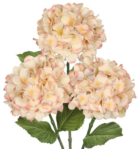 Hollyone 3er Set Hortensie Kunstblumen Beige, Ø 17cm Hortensienblüten Künstlich Seidenblumen Wie Echt Hortensien Deko Blumen für Hochzeit, Haus, Büro, Mittelstücke, Blumenarrangements