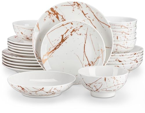 LOVECASA Tafelservice porzellan, Serie Daphne, SWEET 24-teiliges Kombiservice Set, Ess Geschirrset mit Goldspritzer Design, Speiseteller, Dessertteller, Müslischalen und Suppenteller für 6 Personen