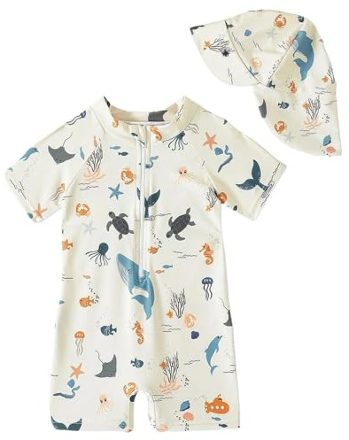 WYTbaby Traje de baño para bebé, ropa UV de una pieza, manga corta, protección UV para bebé niño con sombrero solar, beige, 2-3 Años