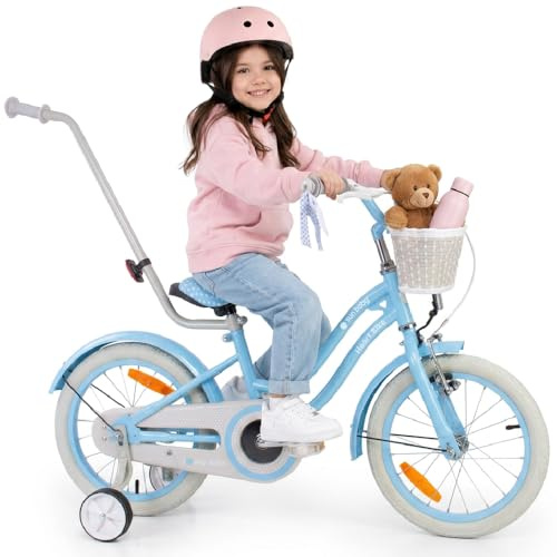 sun baby HEART BIKE Barncykel 16 tum, Cykel för barn 2-6 år, Cykel med stödhjul, pushbar, justerbar sadel och styre (Silver Moon - Blå)