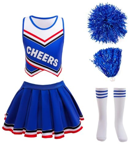 Lito Angels Deguisement Costume Tenue de Pompom Girl Cheerleader avec Pompons et Chaussettes pour Enfants Filles Taille 9-10 ans, Bleu