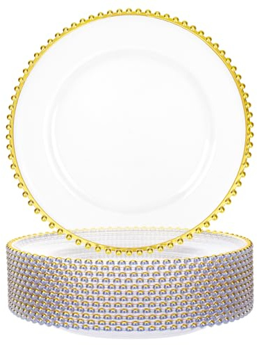 12 Pack Clear Charger Plates with Gold Beaded Rim, 13 Inch Plastic Charger Plates Bulk for Wedding, Elegant Dinner Party & Event Decor, Heavy Duty Reusable Clear and Gold Chargers for Dinner Plates