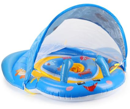 IEEILULU Flotador Bebe con Sombrilla, Flotador Antivuelco Bebe, Ajustable Sombrilla UPF50+ Flotador Piscina con Juguete en Forma de C de Tortuga y Pegatina de Reparación para 3-36 Meses