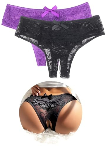 ohyeahlady Tanga Femme Chic Dentelle Grande Taille String Ficelle Rigolo Culotte Brésilien Slips Coton sans Couture Tenue sous Vetement Panties Lingerie Dentelle Vetement Chic(Noir+Violet,XL)